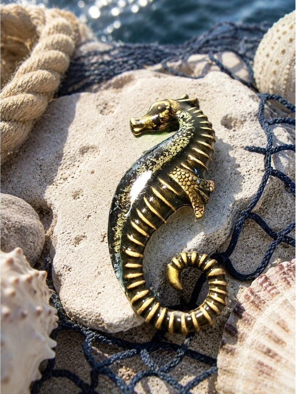 Vintage 1970s Seahorse Brooch Pin Gold Tone Verdigris Finish, 1x2.5”